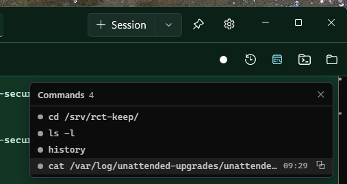 Command list panel with jump and copy actions