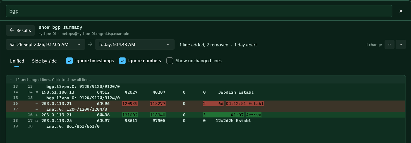 Compare with Previous for show bgp summary with numbers ignored, showing one BGP peer that changed from Established to Active