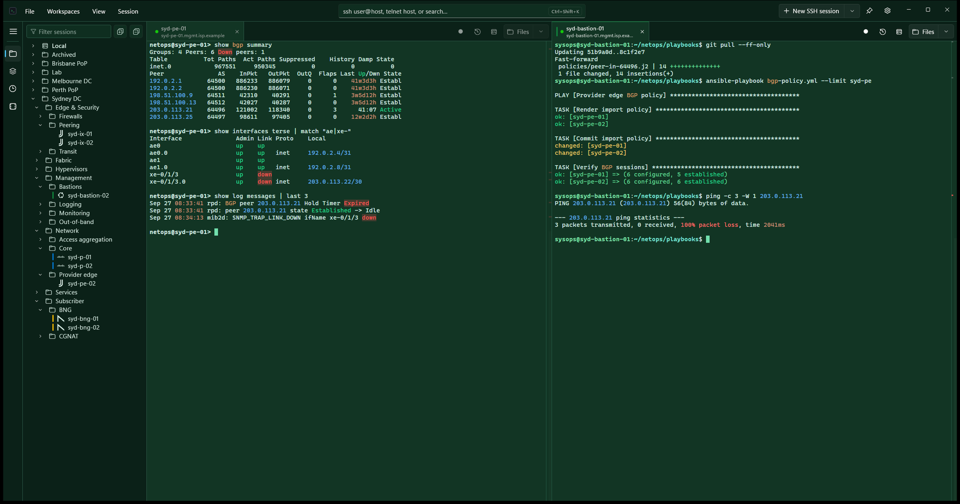Resesh in the Phthalo Green theme: an ISP session tree beside two split terminals, a router's BGP summary on the left and an Ansible run on a bastion host on the right