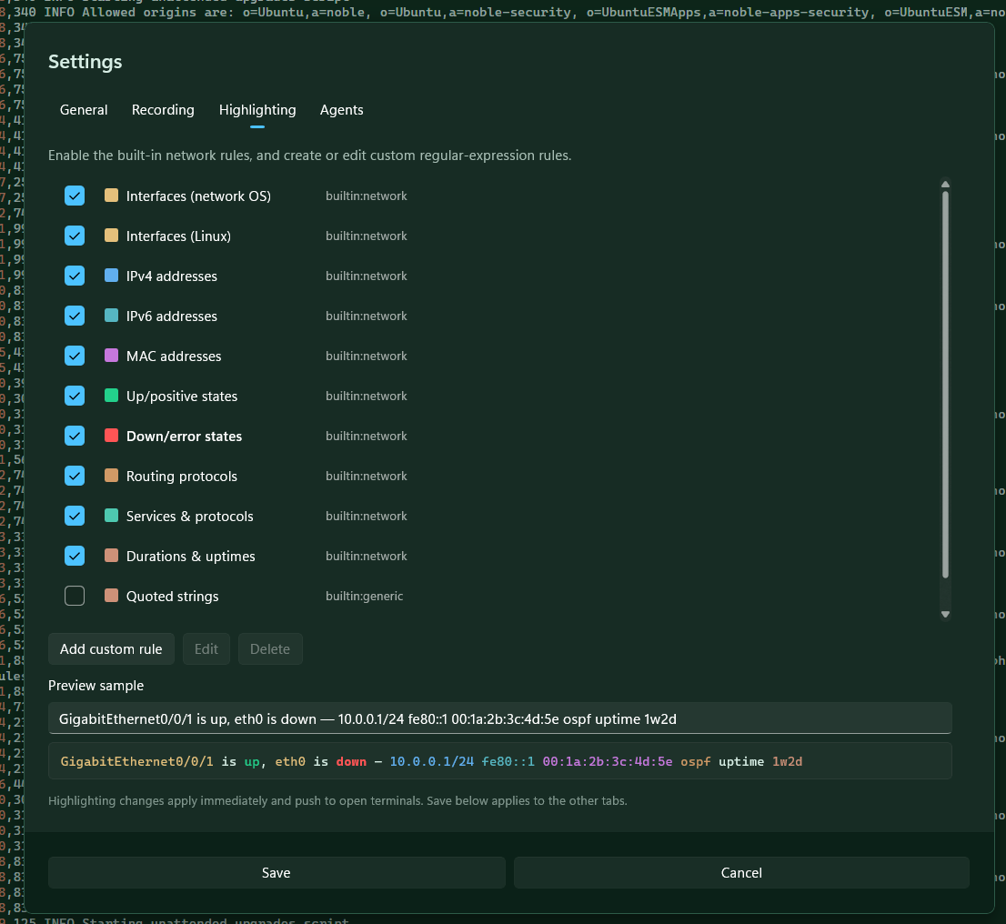 Keyword highlighting rule editor beside live output