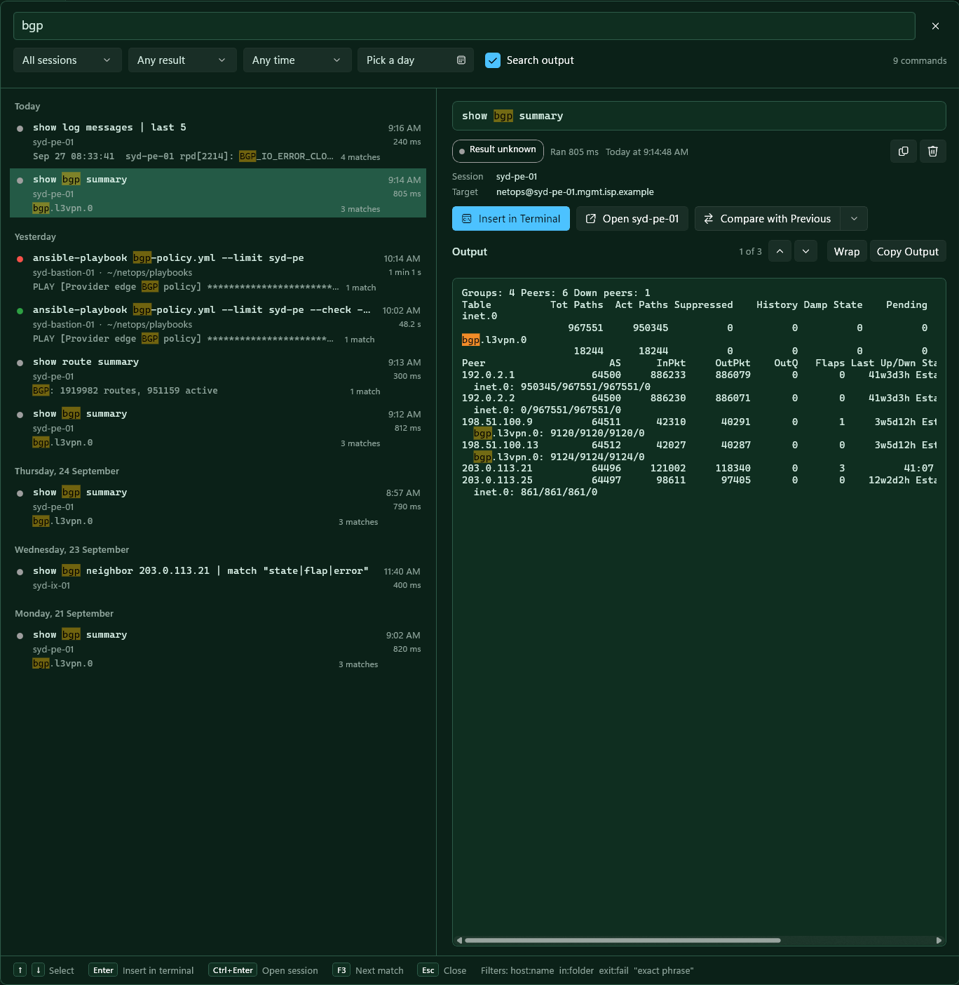 Command history search for bgp, grouped by day, with the selected show bgp summary run and its output