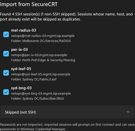 SecureCRT import preview with four fictional SSH hosts and one skipped session