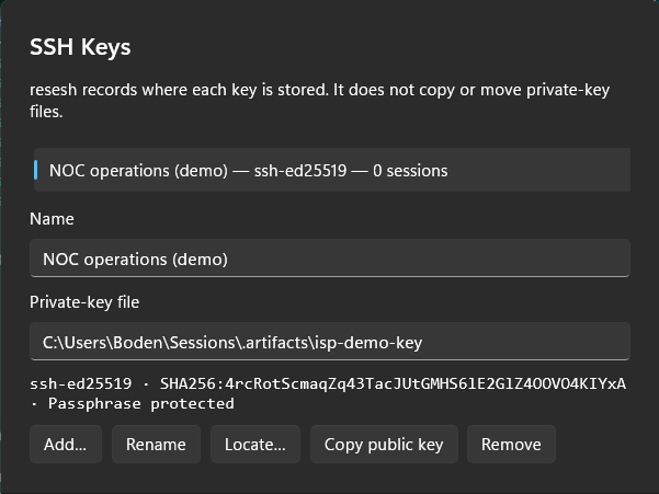 SSH key registry with a disposable demo key and its fingerprint
