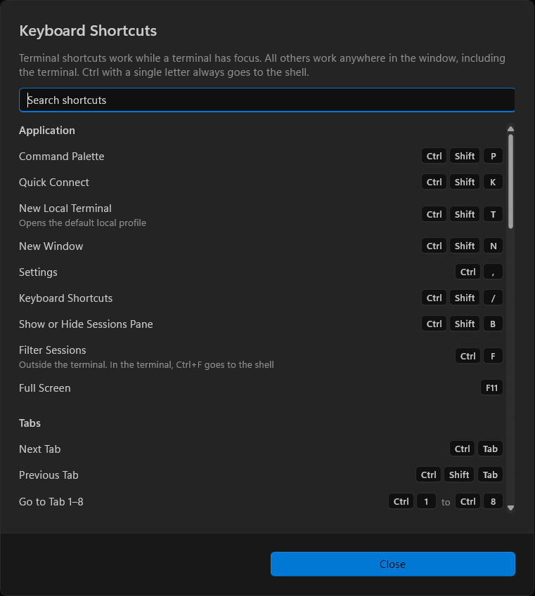 Keyboard Shortcuts screen listing application and tab shortcuts as keycaps