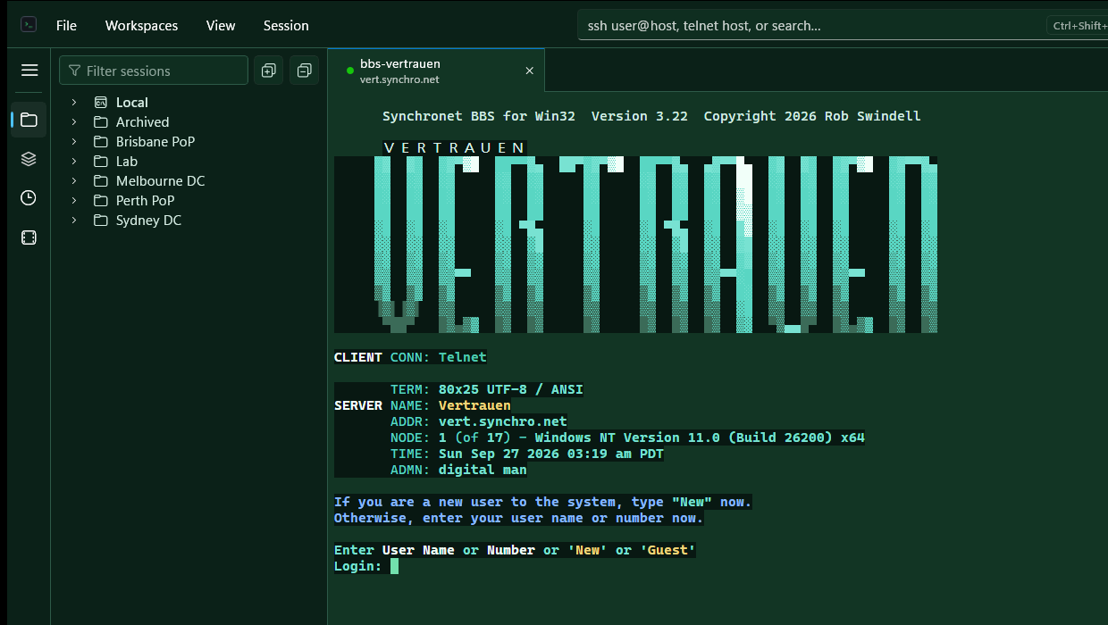 Telnet session to the Vertrauen Synchronet BBS showing CP437 block art and a TERM line that reads 80x25